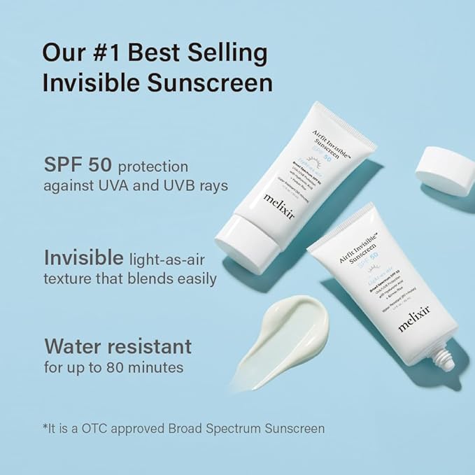 Melixir Airfit Invisible™ Sunscreen SPF 50, Broad Spectrum Korean Rice Sunscreen for Face, Hyaluronic Acid, Moisturizing Daily Protection for Sensitive Skin, No White Cast, Waterproof (1.7fl.oz./50ml) | Korean Rice, Hyaluronic Acid, Broad Spectrum, Sun...