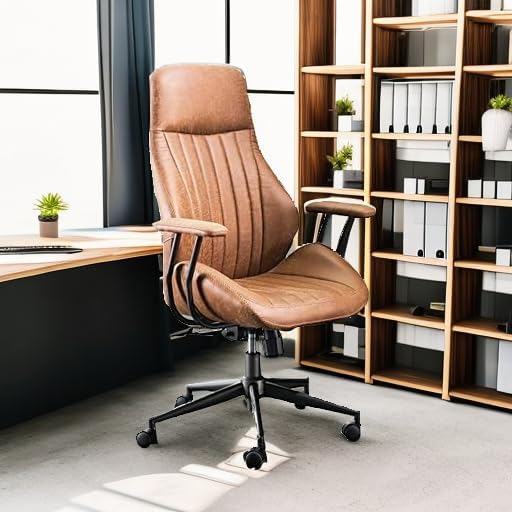 ovios Ergonomic Office Chair, High Back Faux Leather Executive Chairs with Armrests, Comfy Mid-Century Modern Swivel Rolling Computer Armchair (Brown, Suede Leather)