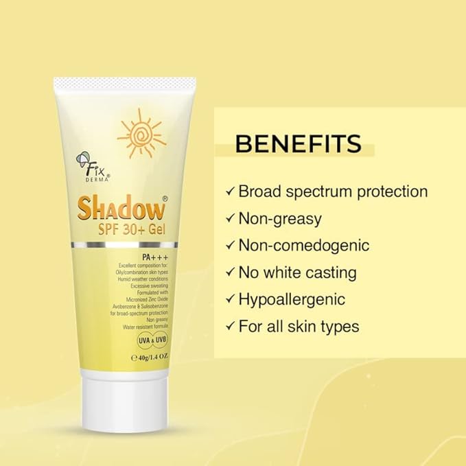 Grah Fixderma Shadow Sunscreen SPF 30+ Gel For Oily Skin - Acne Prone, Offers PA+++ Protection, Broad Spectrum UVA and UVB Protection, Water Resistant and Non-Greasy, 40g 1.411 Ounce