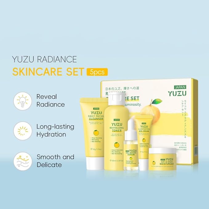 Yuzu Skin Care Set, 5 Pcs Yuzu kin Care Kit with Face Wash, Toner, Serum, Eye Cream and Face Moisturizer Cream, Hydrating and Smooth Skin, Travel Size Skincare Set for Women Girls