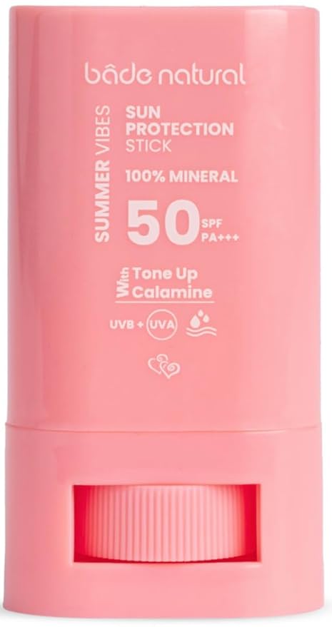 Bade Natural Pink Tinted Mineral Sunscreen Stick SPF 50 – Tone-Correcting & Brightening Sunblock with Zinc Oxide & Calamine for Face – Water Resistant, Non-Greasy, 100% Natural Oils, 0.56 oz