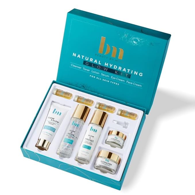 Natural Hydrating Glow Kit Skin Care Set for Men and Women: Cleanser, Toner, Day Lotion with Mineral Sunscreen, Serum, Eye Cream, and Firming Face Cream for All Skin Types, 9 Pieces