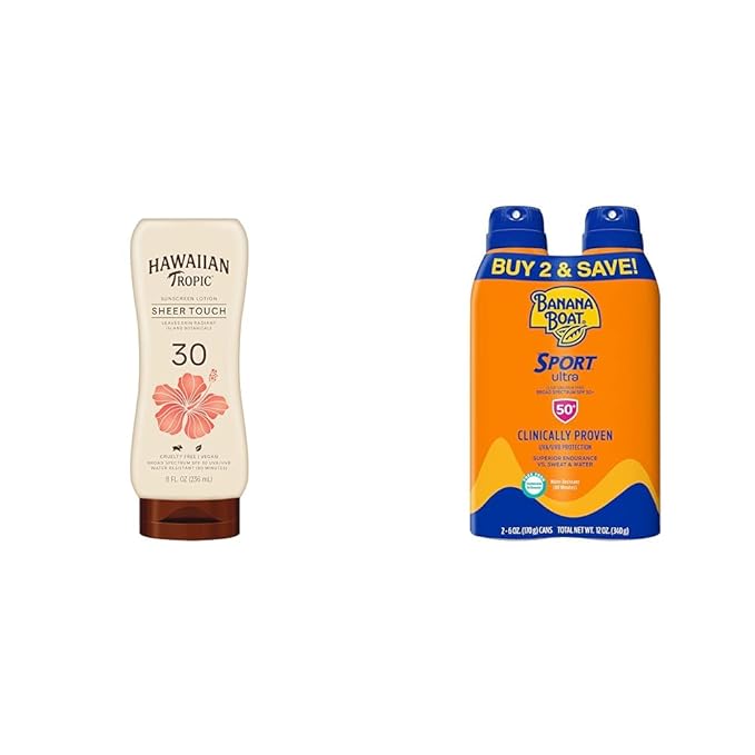 Hawaiian Tropic Sheer Touch Ultra Radiance Lotion Sunscreen SPF 30, 8oz & Banana Boat Ultra Sport Sunscreen Spray, Broad Spectrum SPF 50, 6 Oz (Pack of 2)