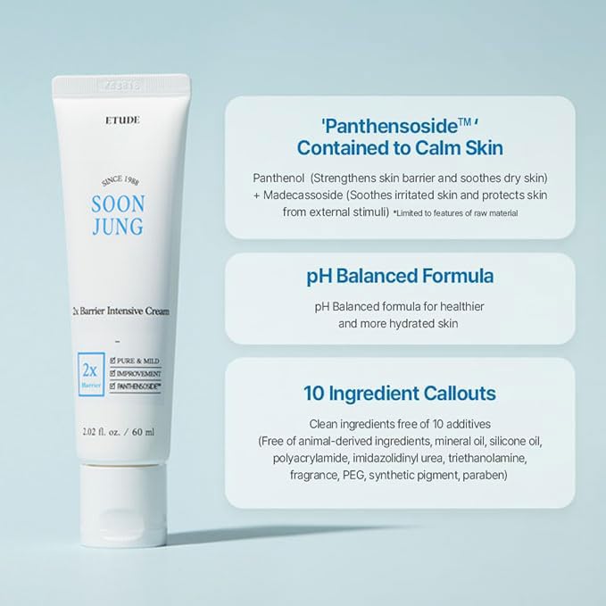 ETUDE SoonJung 2x Barrier Intensive Cream Rich Moisture (2.02 fl oz) + SoonJung pH5.5 Relief Toner (6.76 Fl Oz)