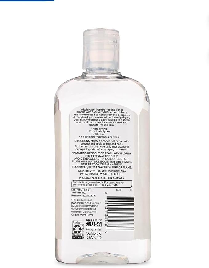 Equate Beauty Witch Hazel Pore Perfecting Toner, 16 fl oz, 3 Bottles, Naturally Distilled, Non-Drying, Oil-Free, No Artificial Fragrances or Dyes