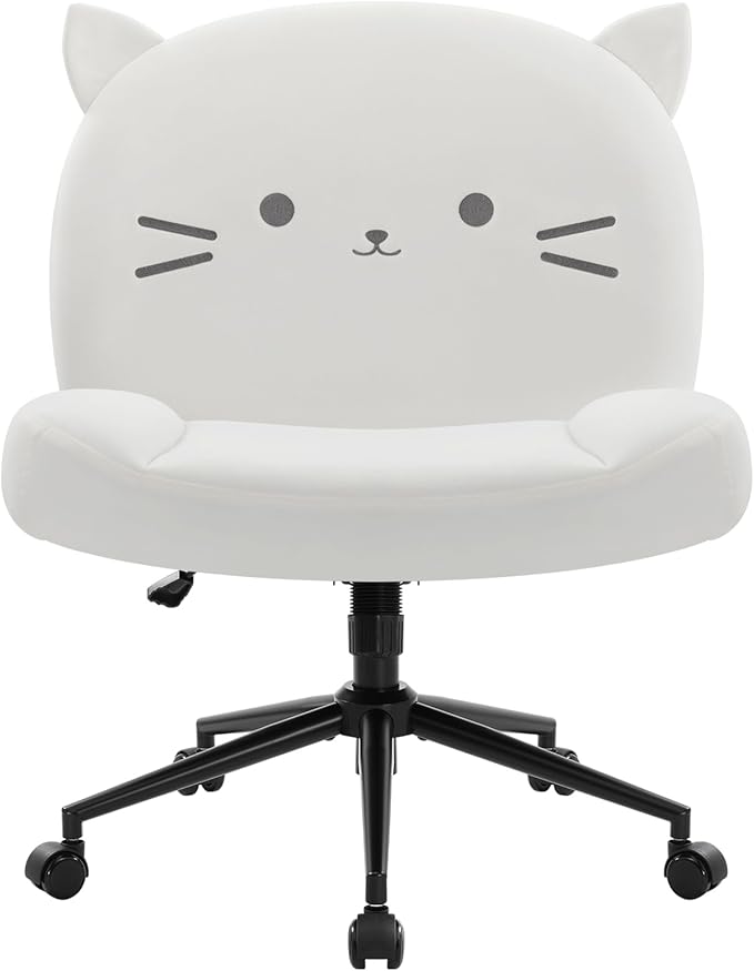 IWMH Armless Office Desk Chair with Wheels,Ergonomic Criss Cross Legged Computer Chair with Fabric Padded, Height Adjustable Wide Seat Vanity Chair,Mid Back Task Chair for Home (White cat)