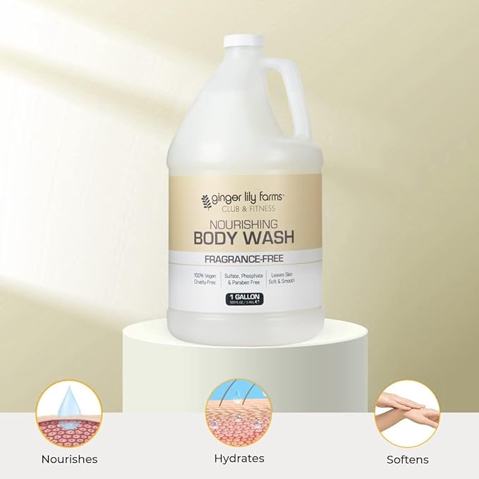 Ginger Lily Farms Club & Fitness Nourishing Body Wash, 100% Vegan & Cruelty-Free, Bath & Shower Gel for Men and Women, Fragrance Free, 1 Gallon (Pack of 4)