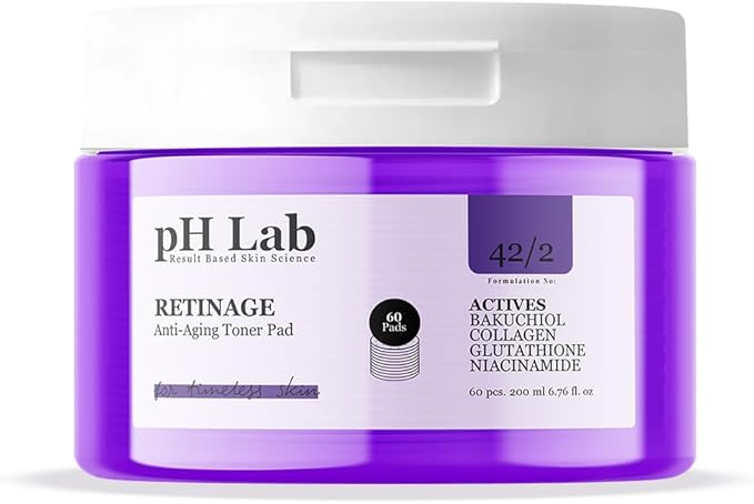 pH Lab Retinage Anti-Aging Toner Pad with Bakuchiol & Collagen, Gentle Face Pads for Smooth and Refreshed Skin, 60 Pads