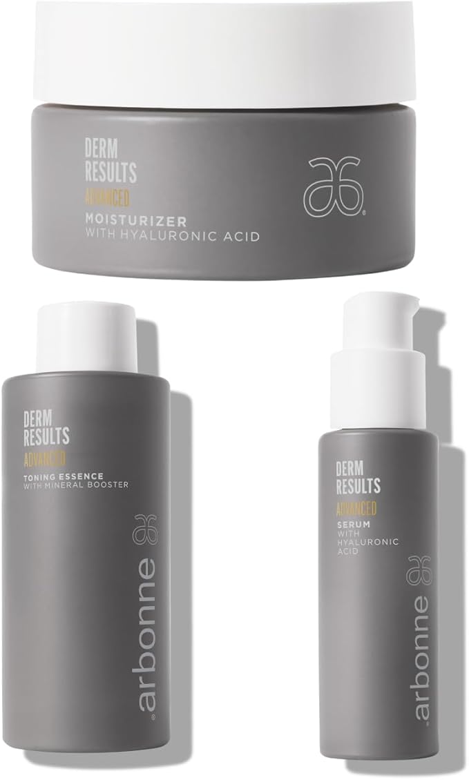 Arbonne DermResults Advanced Toning Essence with Mineral Booster and DermResults Advanced Hyaluronic Acid Serum for Face with DermResults Advanced Face Moisturizer with Hyaluronic Acid