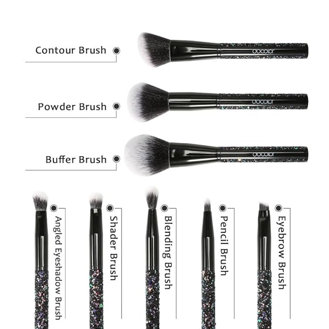 docolor 8PCS Glitter Makeup Brushes with Holder, Make Up Brush Set for Foundation Contour Blush Eyeshadow Eyebrow Blending, Soft Synthetic Bristles (Black)
