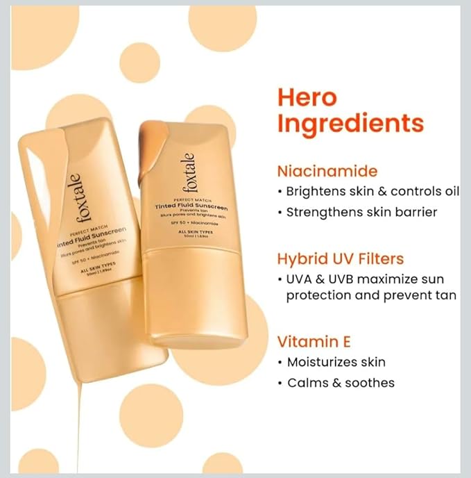 Fox..tale Perfect Match Tinted Fluid Sunscreen SPF 50 PA++++, Clay Shade with Niacinamide and Vitamin E, UVA/UVB Protection, Blurs Pores, Evens Tone, Non-Oily Glow, All Skin Types, 1.69 oz