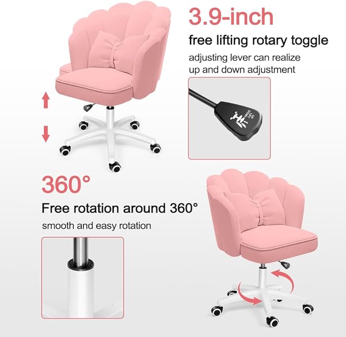 Petal Desk Chair with Bow Cushion Velvet Vanity Chair with Wheels, Upholstered Home Office Chair for Girls Women, Mid-Back Swivel Computer Task Chairs for Living Room Bedroom