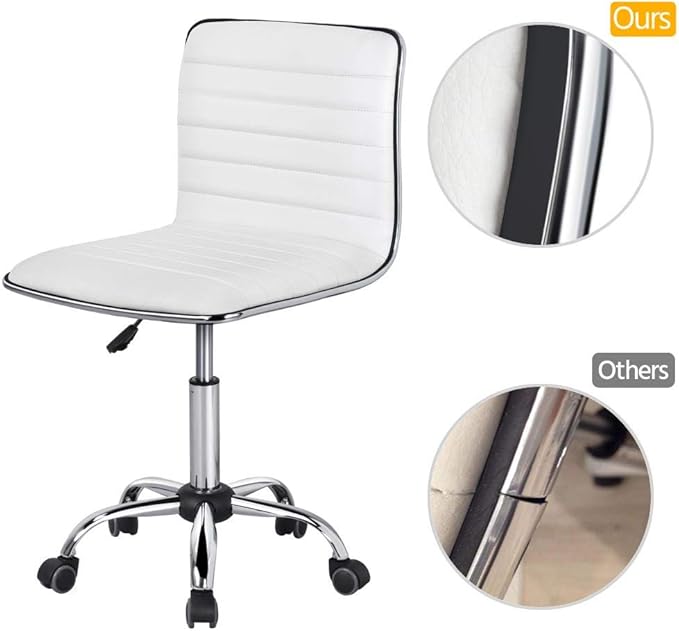 Yaheetech Adjustable Task Chair PU Leather Low Back Ribbed Armless Swivel White Desk Chair Office Chair Wheels