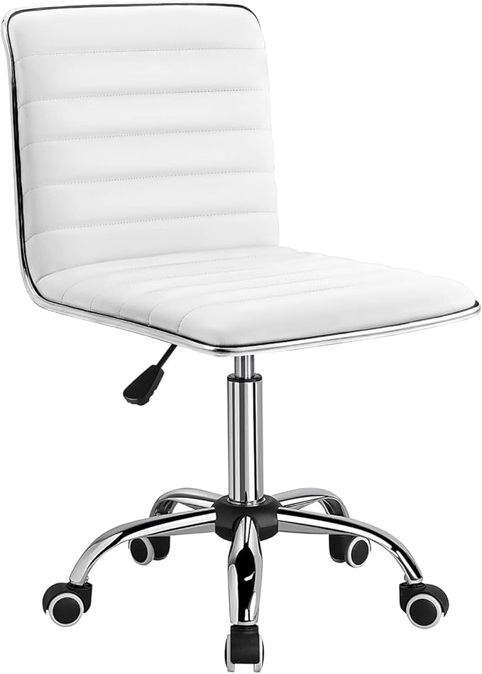 Furmax Vanity Office Desk Chair with Wheels, Armless Small Cute Leather Makeup Computer Task Chair Adjustable Height 360° Swivel (White)