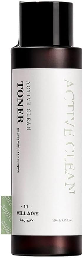 Village 11 Factory Active Clean Toner AHA BHA Acne and Oily Skin Gentle ph Hydrating and Exfoliating Korean Skincare (4.06 fl oz/120ml)