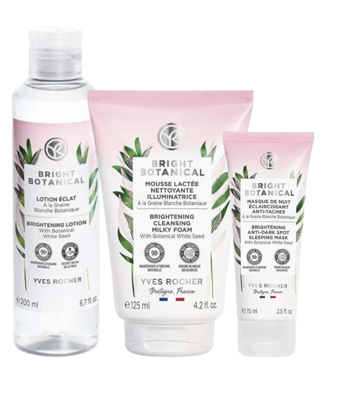 Yves Rocher Bright Botanical Skincare Set of 3 Cleansing Mousse Face Tonic Lotion Night Mask Radiance Daily Care for All Skin Types 125 ml/4.2 flOz 200 ml/6.7 flOz 75 ml/2.53 flOz