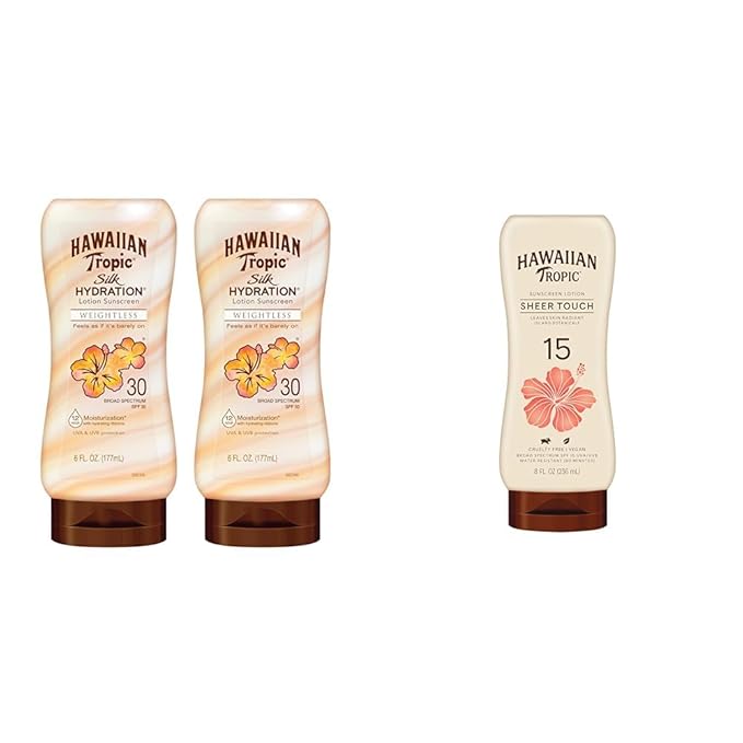 Hawaiian Tropic Weightless Hydration SPF 30 Twin Pack & Sheer Touch Ultra Radiance SPF 15 Sunscreen Lotions | 12hr Moisturizing, Oil-Free