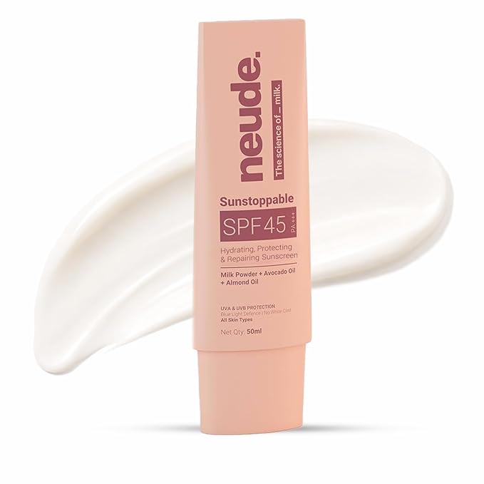 Neude Sunstoppable Sunscreen With Spf 45 Pa+++ & No White Cast For Men & Women, Daily Use Broad-Spectrum Protecting & Repairing Sunscreen Moisturizer, Blue Light Protection, Paraben-Free, 50Ml