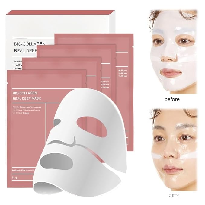 Bio-Collagen Real Deep Face Mask – Korean Hydrating Overnight Hydrogel Mask for Women | Firming, Pore Minimizing & Elasticity Boost | Deep Collagen Facial Sheet for Radiant Glass Skin, 4 Pack