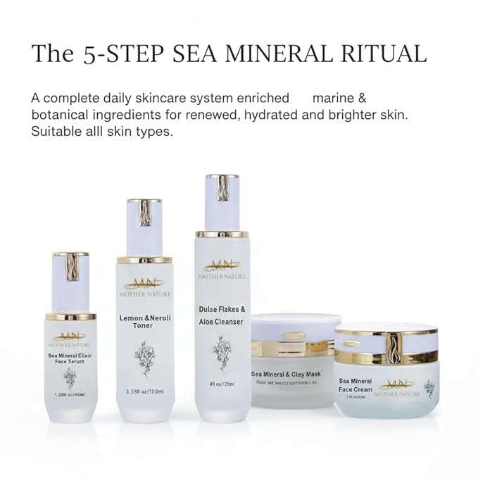MN Mother Nature Sea Mineral 5-Piece Skincare Set – Dulse Aloe Cleanser, Lemon Neroli Toner, Elixir Serum, Clay Mask & Face Cream – Seaweed & Wakame for Renewed, Hydrated, and Brightened Skin