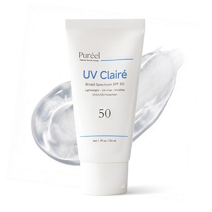 Puréel UV Clairé SPF 50 Sunscreen For Face – Clear & Invisible - No White Cast - Oil Free - Lightweight - Non-Sticky - UVA/UVB Protection For All Skin Types & Tone - 1.7 fl. oz