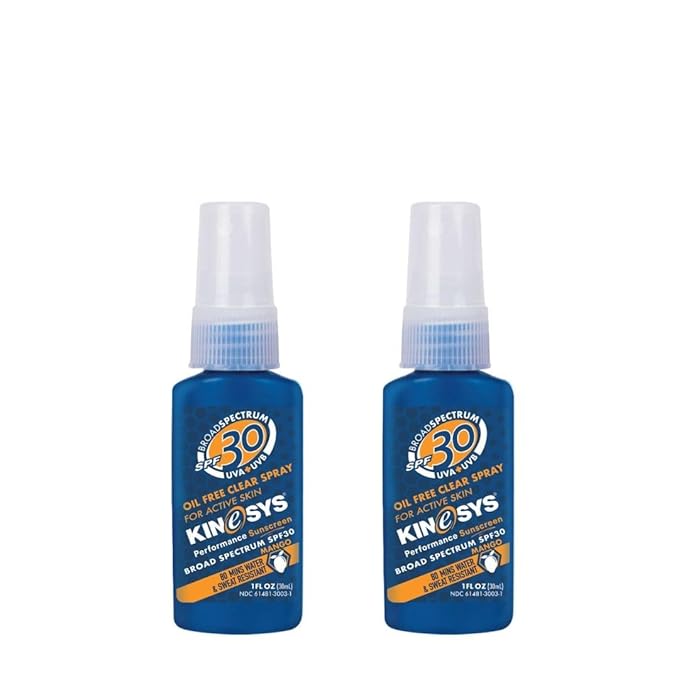 KINeSYS Lightly Mango Scented Clear Spray Sunscreen, SPF 30, Hypoallergenic, Broad Spectrum UVA/UVB protection for Face & Body; Alcohol, PABA & Oxybenzone FREE, Vegan, 170+ Sprays, 1 fl oz (Pack of 2)