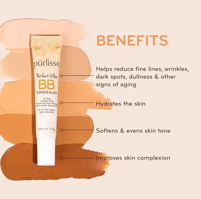 pūrlisse Perfect Glow BB Cream Concealer - Hydrating Under Eye Concealer with Jasmine and Goji & Hawthorn Berry - Oil Free Makeup for Dark Circles, Redness & Fine Lines - Medium (0.34 oz)