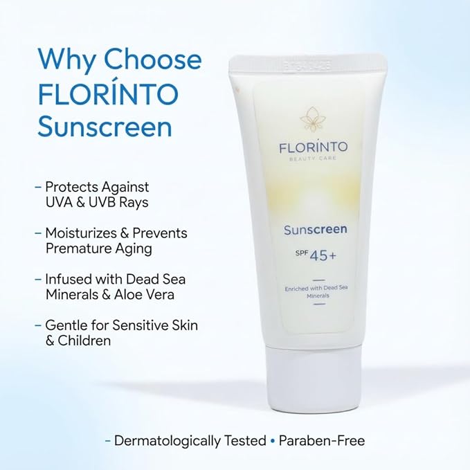 FLORÍNTO Sunscreen – Daily Moisturizing Sun Protection with Dead Sea Minerals, Aloe Vera & Vitamin E – Broad Spectrum SPF for UVA/UVB Rays – Hydrating, Non-Greasy & Gentle for All Skin Types – 50 ml