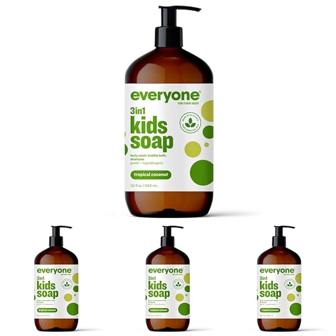 Everyone 3-in-1 Kids Soap, Body Wash, Bubble Bath, Shampoo, 32 Ounce (Pack of 4), Tropical Coconut, Coconut Cleanser with Plant Extracts and Pure Essential Oils