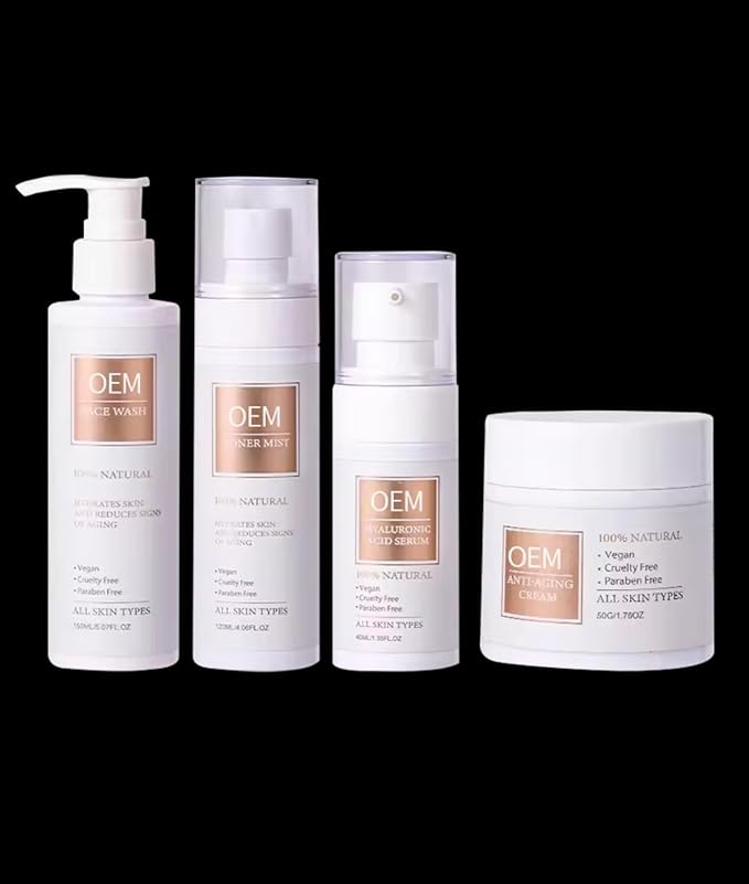 OEM Natural Vegan Skincare Set, Anti-Aging Face Wash, Toner Mist, Hyaluronic Acid Serum, Moisturizing Cream with Rice Extract, 4-Piece Korean Beauty Kit for All Skin Types