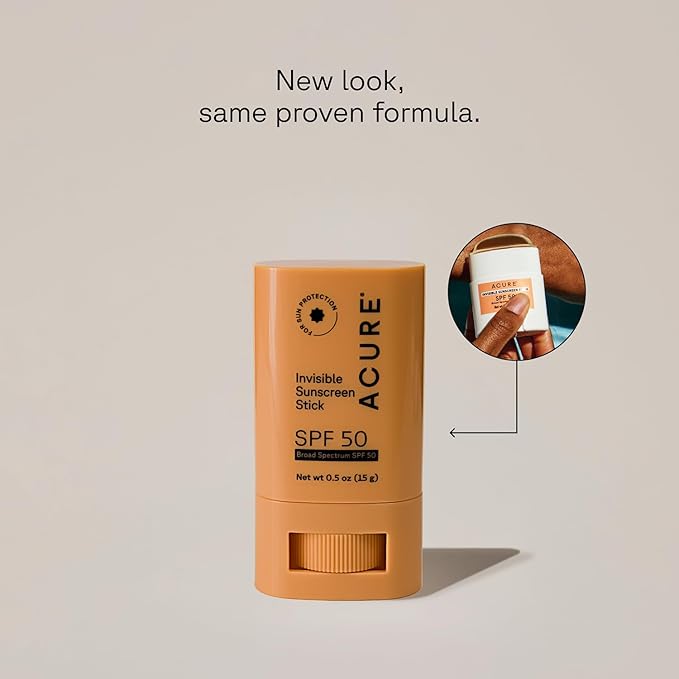 Acure Invisible Sunscreen Stick SPF 50 - Face Sunscreen Stick Applicator, Clear Sublock for Sensitive Skin, Natural Glow for Face & Body with Vitamin E, Solar Protector, Travel Size, Vegan - 0.5 oz