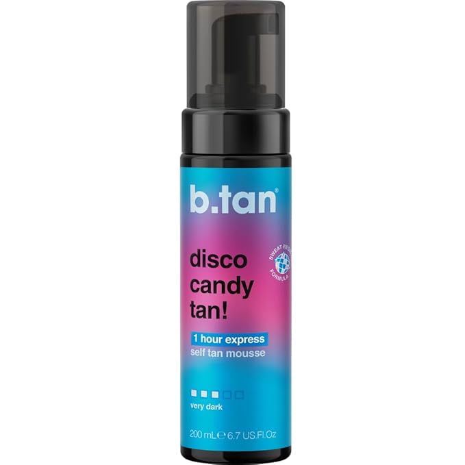 b.tan Dark Self Tanner Mousse | Disco Candy Tan - Best, 1 Hour Express Sunless Tanning Foam, Candy-Scented, Sweat-Proof & Transfer Resistant, No Fake Tan Smell, Vegan, Cruelty Free, 6.7 Fl Oz