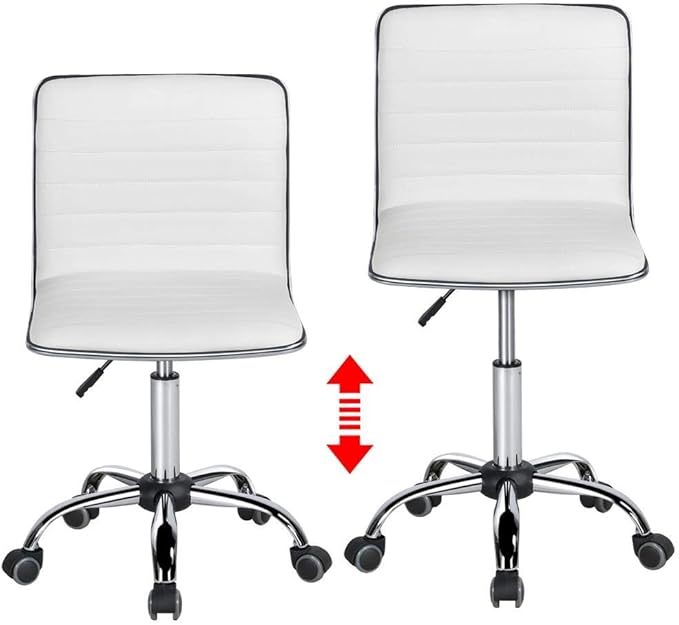 Yaheetech Adjustable Task Chair PU Leather Low Back Ribbed Armless Swivel White Desk Chair Office Chair Wheels