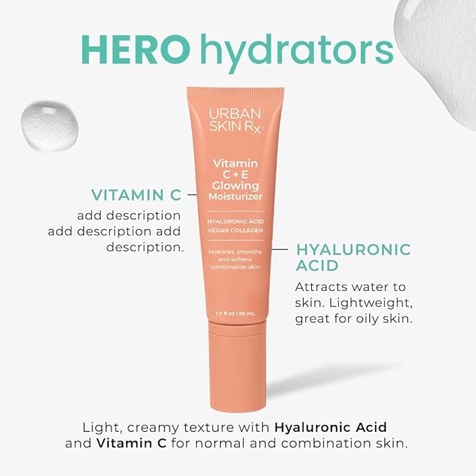 Urban Skin Rx® Vitamin C + E Glowing Moisturizer, Lightweight Antioxidant-Rich Daily Moisturizer for Combination Skin, Multi-Vitamin Complex Smooths Texture & Reduces Appearance of Wrinkles, 1.7 Oz