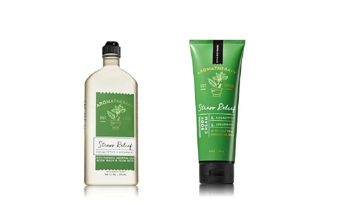 Bath Body Works ~ Aromatherapy ~ Stress Relief - Eucalyptus & Spearmint ~ Bundle ~ Body Wash & Foam Bath 10oz. & Body Cream 8 oz
