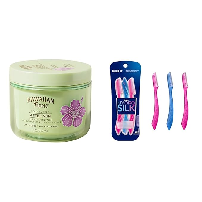 Hawaiian Tropic After Sun Body Butter with Coconut Oil, 8oz and Schick Hydro Silk Dermaplaning Tool with Precision Cover, 3ct Bundle