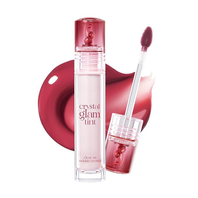 CLIO Crystal Glam Tint, Glossy Lip Tint with Glass-Like Shine, Lightweight Buildable Lip Stain, Long-Lasting Color, Non-Sticky, Rose Extract, Korean Lip Tint (28 DRY CHERRY)