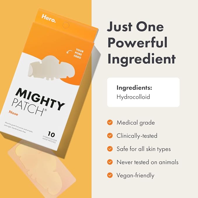 Mighty Patch Nose Pimple Patches from Hero Cosmetics, Large Hydrocolloid Pore Strips, Dermatologist Approved, Overnight, Blackhead Remover Strip to Absorb Acne Nose Gunk from Face, 10 Count