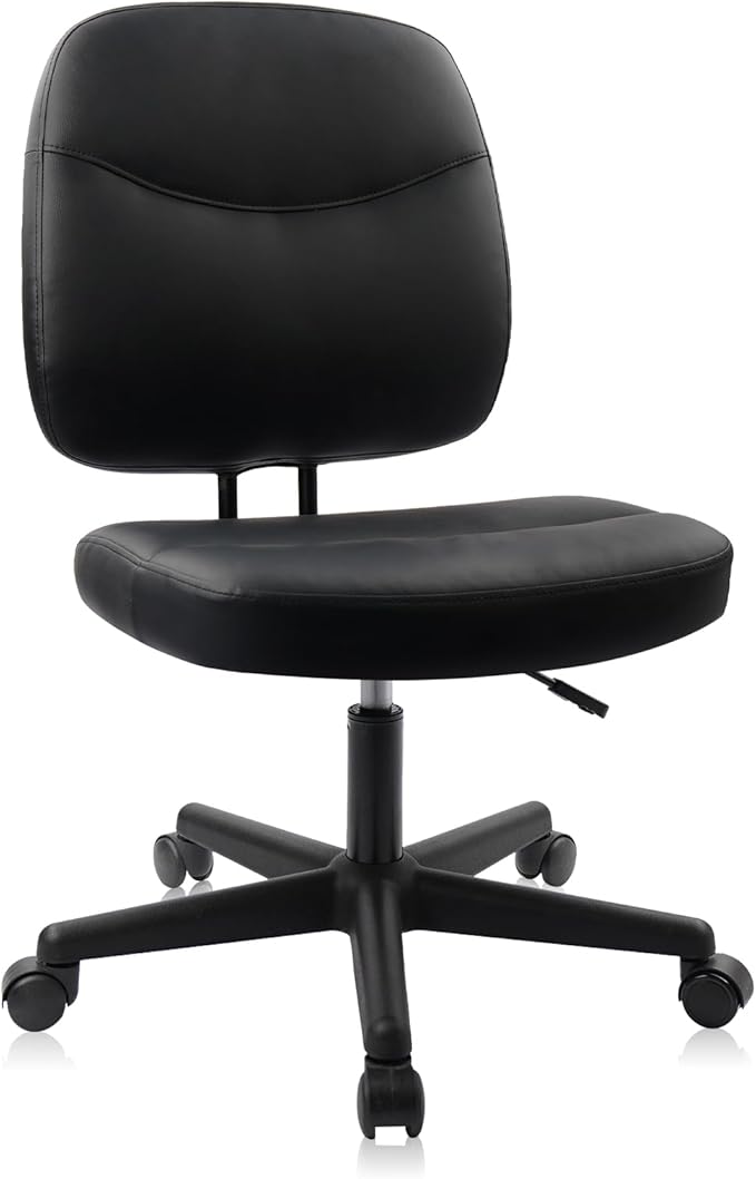 CLATINA Armless Home Office Chair,Small PU Leather Ergonomic Low Back Desk Chair with Lumbar Support and Wheels, Adjustable Height 360° Swivel Rolling Computer Task Chair, Black