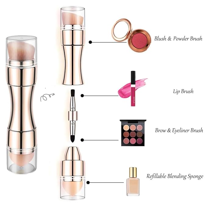 Bling Toman 4 in 1 Makeup Brush,Makeup Sponge,Blush Blending,Eyeshadow,Eyebrow&Liner Lip Face Foundation Mini Travel Brushes Retractable Brush Set (gold brush)