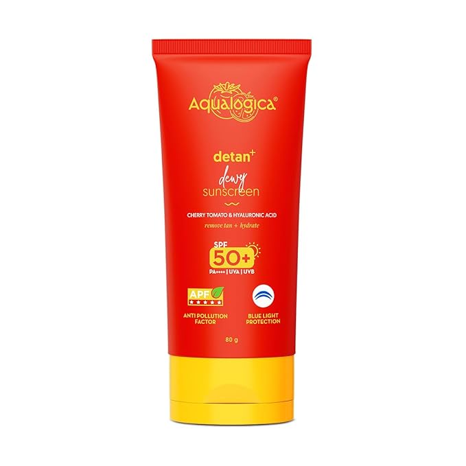 Aqualogica Detan+ Dewy Face Sunscreen with SPF 50+ & PA++++ | Blue Light Protection & No White Cast | Fights Sun Damage with Cherry Tomato & Hyaluronic Acid | 2.82 Oz/80g