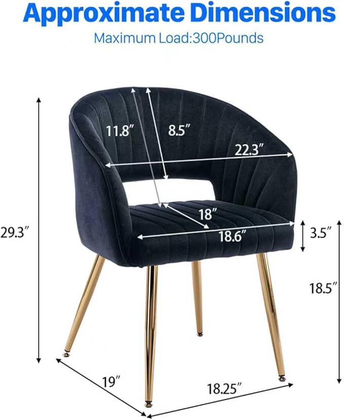 Home Office Chair Velvet Desk Chair Accent Armchair Upholstered Modern Tufted Chairs with Gold Legs for Girls Women Ergonomic Study Seat Computer Task Stools for Living Room(Black)