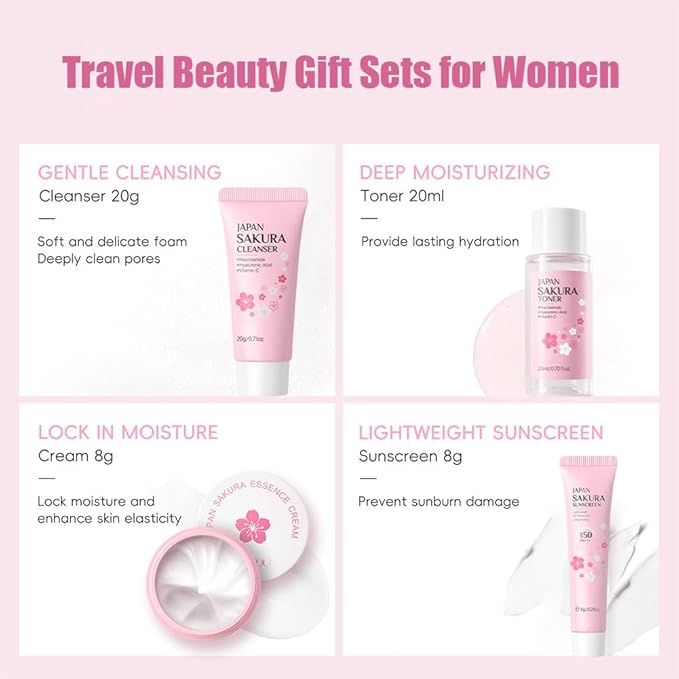 Sakura Travel Skincare Set for Teenage Girls,4 Pcs/Set Sakura Skin Care Set With Cleanser, Toner,Face Cream and Sunscreen,Travel Essentials for Women-Cleansing,Hydrating and Sun Protection