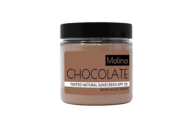 Malina™ Organic Chocolate Tinted Natural Sunscreen | SPF 30+ | Nontoxic | Reef-Safe | No Preservatives | No Synthetic Fragrance | 3 Shades | With Non-Nano Zinc-Oxide (4 Fl Oz, Medium)