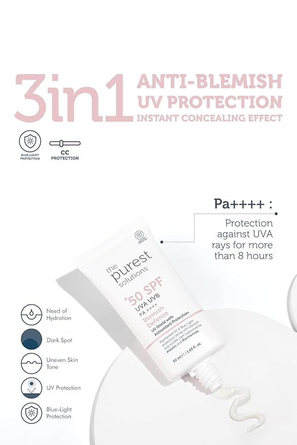 The Purest Solutions Blemish Defense (UV Shield with Antioxidant Protection SPF 50+) - 8h UVA Protection, Arbutin & Niacinamide for Skin Tone Harmonization and Moisturizers - Vegan (50 ml)