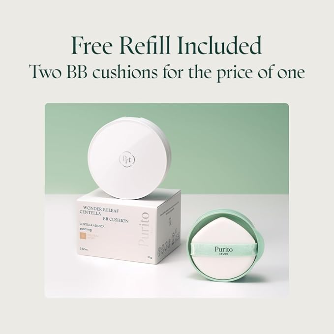 PURITO SEOUL Wonder Releaf Centella BB Cushion #21 Light Beige, Foundation, Korean Centella, Makeup Long Lasting, Flawless Coverage, K-Beauty, 15g, 0.52 fl.oz