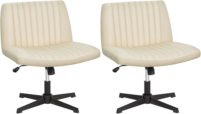 PayLessHere | Criss Cross Chair | Beige | Wide, Armless Desk Chair Without Wheels | 360 Swivel, Height Adjustable & Stable Metal Base | for Office, Home Office, Vanity Seating