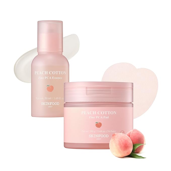 SKINFOOD Peach Balance Set – Oil-Control Zinc PCA Essence and Dual-Texture Peach Toner Pads for Pore Care, Hydration, and Shine Control