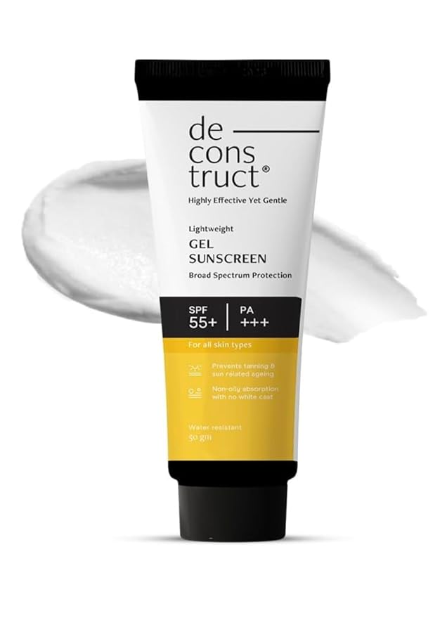 De Construct Lightweight Gel Sunscreen, SPF 55+ PA+++, Broad Spectrum Protection, Non-Oily, No White Cast, Water Resistant, 50g