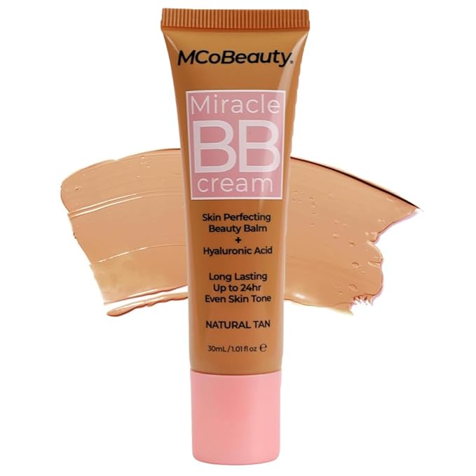 MCoBeauty Miracle BB Cream Natural Tan - Skin Tint Foundation Primer with Hyaluronic Acid Glycerin - Lightweight Dewy Coverage Tinted Moisturizer for Face - Vegan Cruelty Free Makeup, Tone Balancing